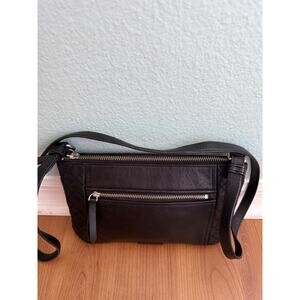 Vera Bradley Small Black Leather Crossbody Purse Quilted Trim Zip Top Bag